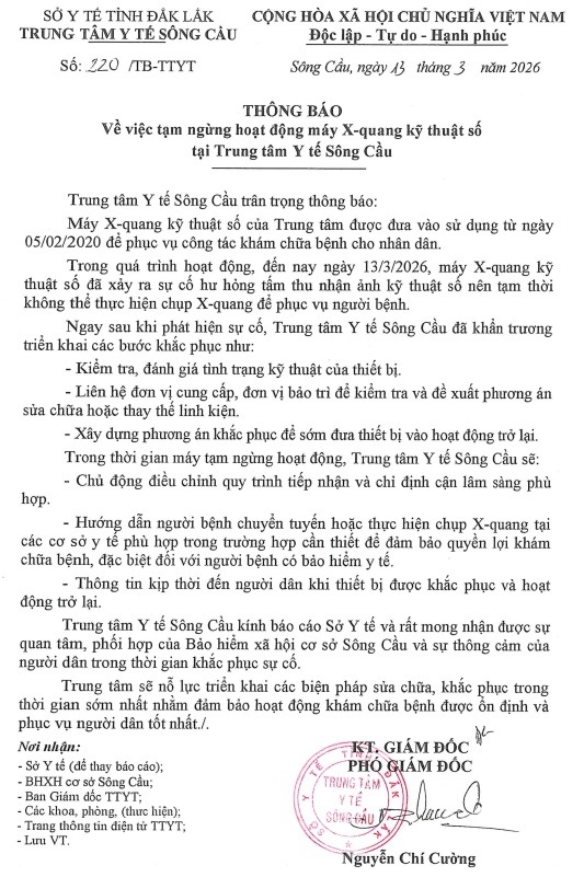 Thông báo Vv tạm ngừng hoạt động máy X-Quang kỹ thuật số tại Trung tâm Y tế Sông Cầu